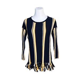 Cremieux Blue Striped Dolman Hand Tied‎ Fringe Sweater sz Small Modern Boho